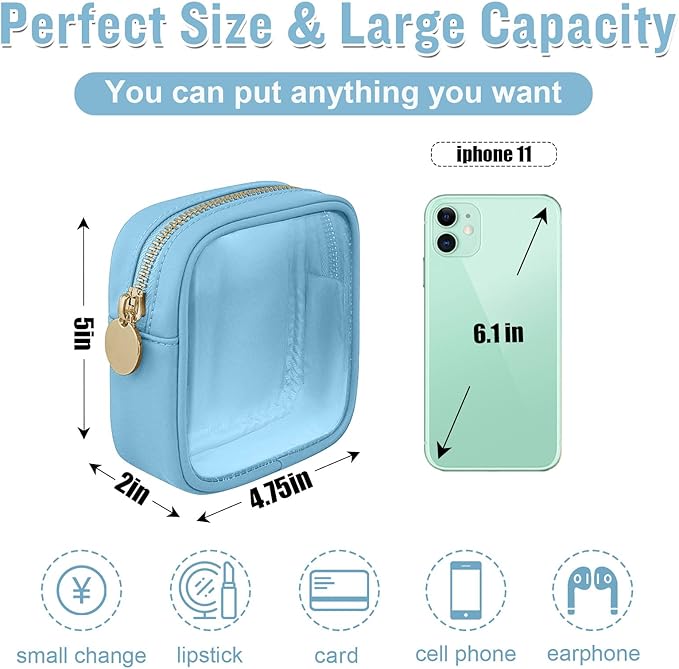 Mini Clear Travel Makeup Bag for Purse, Small Cute Preppy Cosmetic Zipper Pouch, Transparent PVC Nylon Waterproof Toiletry Storage Clutch Coin Pouch for Women Girls