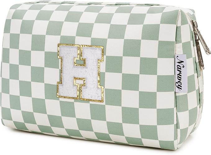 Narwey Birthday Gifts for Teen Girls Women Personalized Initial Checkered Makeup Bag Preppy Cosmetic Bag Trendy Stuff 6 8 10 11 12 13 14 16 18 Years Old Travel Toiletry Bag (Green Letter H)