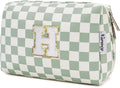 Narwey Birthday Gifts for Teen Girls Women Personalized Initial Checkered Makeup Bag Preppy Cosmetic Bag Trendy Stuff 6 8 10 11 12 13 14 16 18 Years Old Travel Toiletry Bag (Green Letter H)