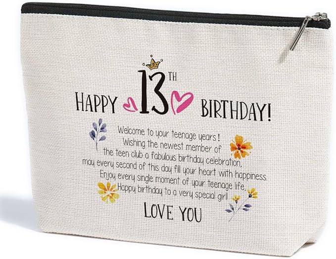 13th Birthday Gifts for Girls Makeup Bag Best Gift Ideas for 13 Year Old Girl Great Teenage Girls Gifts for Her Daughter Granddaughter Sister Bestie Cute Cosmetic Bag Happy Birthday Gift from Mom