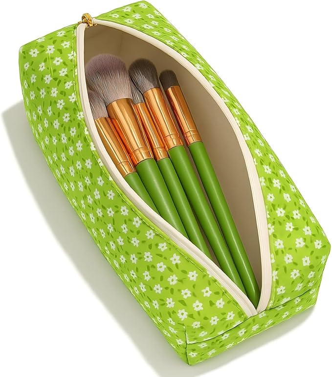 Floral Cotton Makeup Brush Cosmetic Bag for Women & Men, Travel Quilted Zipper Pouch, Large Capacity Flowers Toiletry Organizer, Kawaii Makeup Storage Case, Cosmetic Travel Cloth Bag-Green Floral