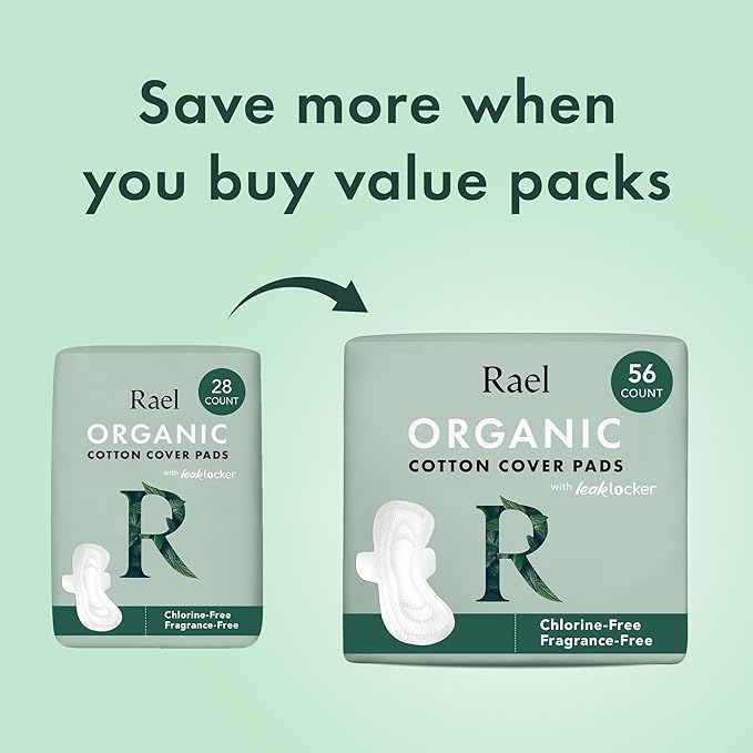 Rael Pads for Women, Organic Cotton Cover - Period Pad with Wings, Feminine Care, Sanitary Napkins, Light Absorbency, Unscented, Ultra Thin (Petite, 56 Count)