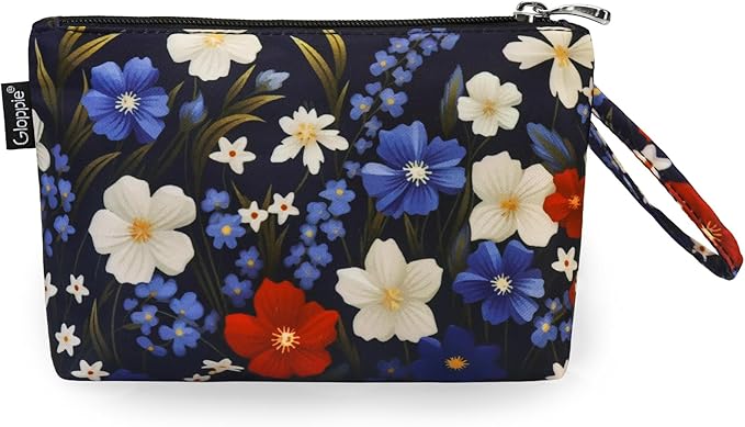 Gloppie Small Makeup Bag for Purse Lightweight Cosmetic Bag Floral Makeup Pouch for Women Blue Red Flower