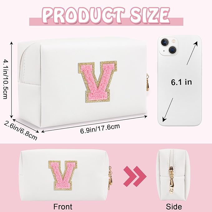 Personalized Initial Preppy Patch Makeup Bag, Travel Toiletry Zipper Pouch Cute White Cosmetic Organizer Small Makeup Bag for Purse, PU Chenille Letter Make Up Bags Gift for Women Girl Mom(Letter V)
