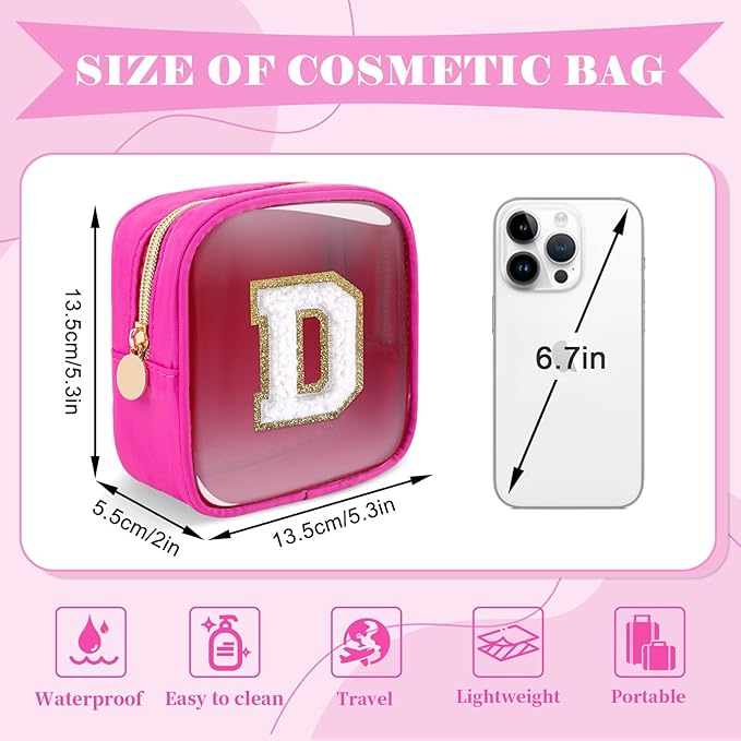 Personalized Initial Letter Clear Preppy Makeup Bag,Mini Nylon Chenille Letter Cosmetic Bag Cute Zipper Pouch Coin Purse for Teen Girls,Portable TSA Approved Travel Essentials Bag Gift for Women,D