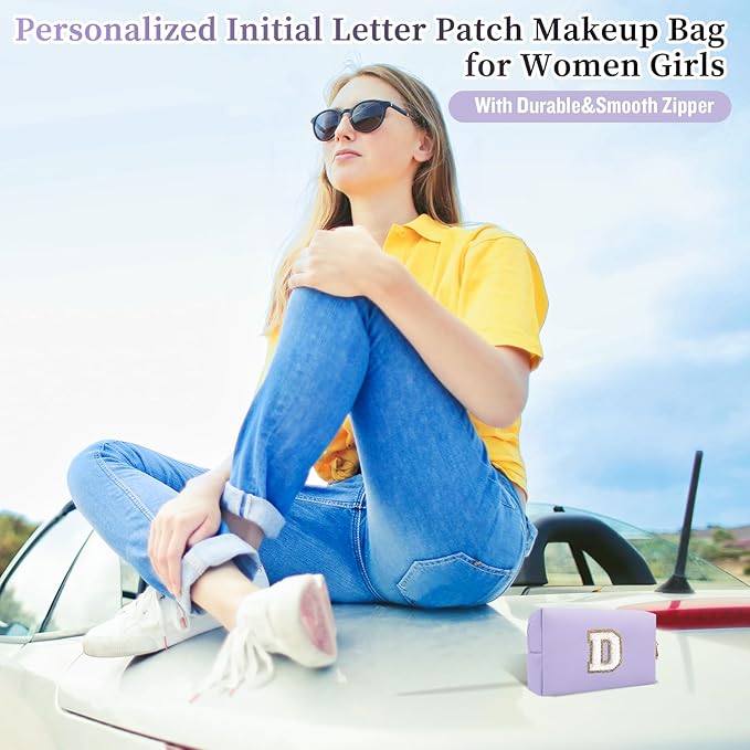 Iqimott Personalized Initial Letter Patch Makeup Bag, Preppy Small Chenille Letter Cosmetic Bag with Zipper, PU Leather Waterproof Travel Toiletry Bag Monogram Make Up Pouch for Women Girls(Letter D)