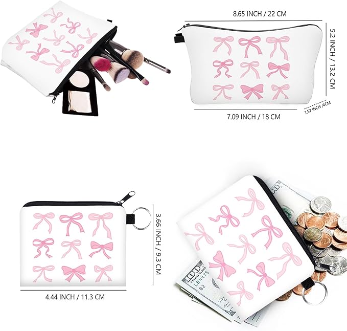 Bow Makeup Bag Set for Women, Cute Travel Cosmetic Pouch Toiletry Organizer with Zipper, Aesthetic Makeup Bags for Purse, Gifts for Girls Teens Bridesmaids