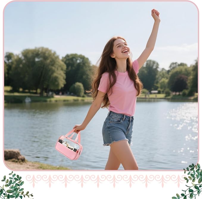 12 Pcs Translucent Make up Bag 10.2 x 6.3 x 2.8 Inches Waterproof Toiletry Organizer with Hanging Handles Portable Cosmetic Travel Bag Carry Pouch for Women and Men Travel Storage (Pink)
