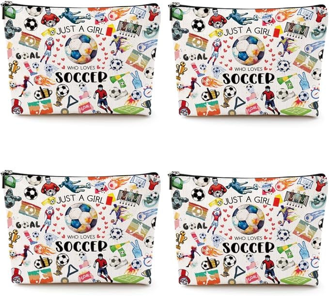 4pcs Soccer Makeup Bags for Women, Canvas Soccer Gifts Cosmetic Bag Pouch Accessories for Players Teams Stuff, Sport Team Birthday Gifts for Soccer Lovers Her Friends Women