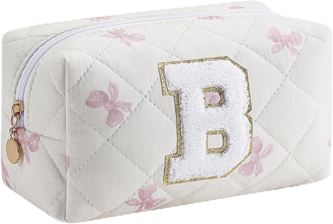 Gleyemor Personalized Initial Makeup Bag for Women, Cute Quilted Pink Floral Cotton Cosmetic Bag, Christmas Gifts for Her Mom Friend Sister Bridesmaid Teacher Women B