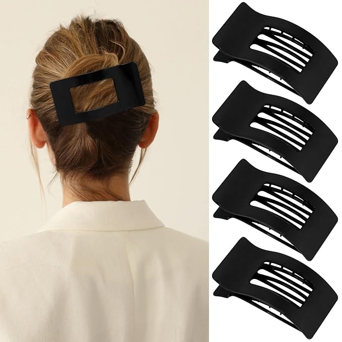 Velscrun Flat Hair Clips for Women Girls, Bright Black Lay Flat Claw Clips, Strong Hold Large Side Hair Clip All Hair Types, French Duck Billed Non Slip Grip Daily Styling Hair Jaw Claw Clip