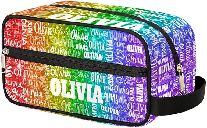 Personalized Name Toiletry Bag, Large Travel Cosmetic Bag Portable Makeup Organizer Bag for Women Bathroom Shower Essentials, Red Green Purple Sequins