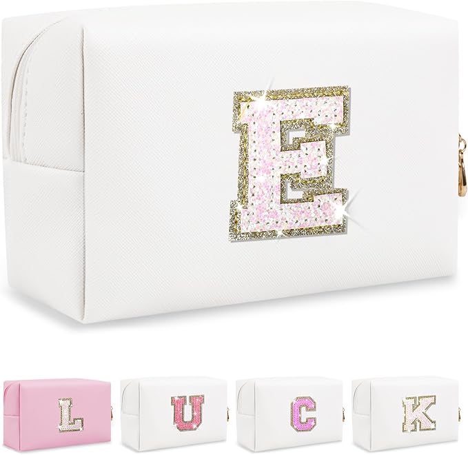 Personalized Initial Makeup Bag - Preppy Glitter Letter Patch Cosmetic Pouch With Zipper, PU Waterproof Travel Toiletry Organizer, Monogrammed Gift for Women Girls (Letter E)