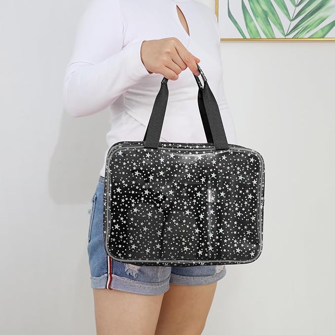 Yaopeing 2Pcs PVC Clear Makeup Bag Organizer for Women,Star Transparent Cosmetic Case Travel Toiletry Pouch with Zipper,Large Make Up Purse for Daily Accessory,Black