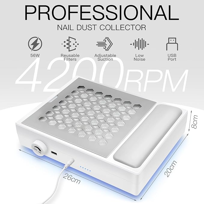 Madenia Powerful Nail Dust Collector - Brushless Quiet Vacuum Suction Fan Extractor with Hand Pillow 2 Filters 1 Brush, Nail Dust Cleaner Machine for Acrylic Gel Nail Polishing Nail Tech Use, White