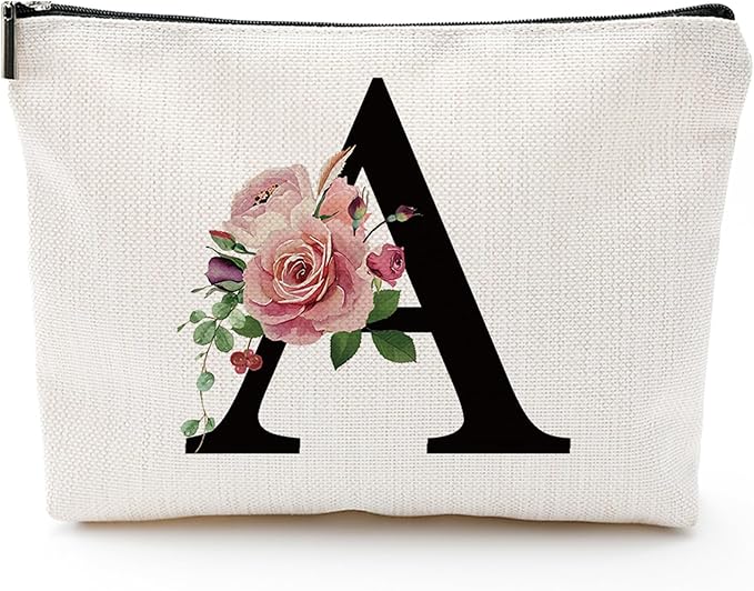 Initial A-Z Personalized Letter Makeup Bag, Monogrammed Bridesmaid Gifts/Presents Cosmetic Bag, Portable Stationery Storage Organizer Pouch, Friendship Love Travel Makeup Bags
