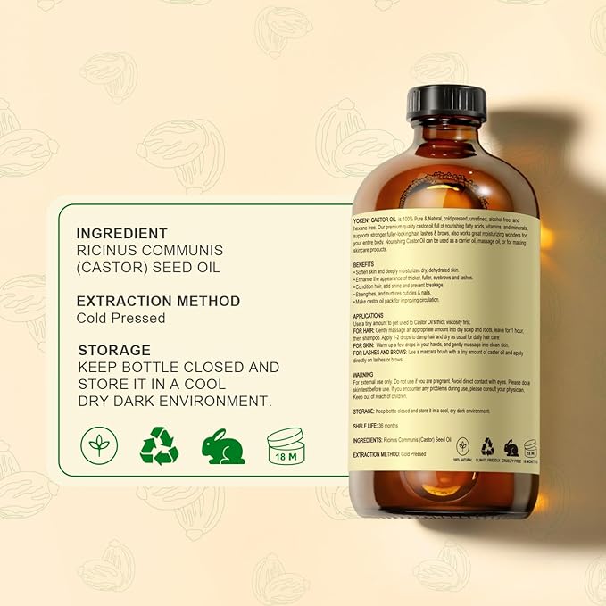 EWG Verified Castor Oil Glass Bottle 16 fl oz 100% Pure Natural Cold Pressed Castor Oil for Face, Body, Hair, Eyelash, Skin - Hexane Free, Unrefined, Virgin, Rich Fatty Acid for Caster Pack Wrap
