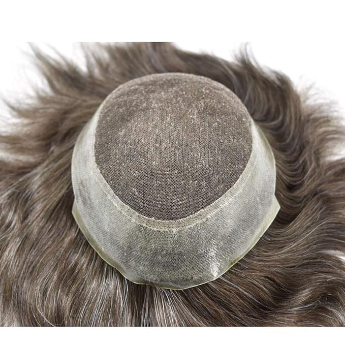 FACE MIRACLE Toupee for Men French Lace Hairpiece Human Hair Replacement System Skin PU Mens Toupee V-Looped Front Hair System 8"X10" #230 2# DARKEST BROWN WITH 30% SYNTHETIC GREY