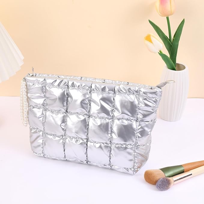 Puffer Quilted Makeup Bag Travel Cosmetic Bag Portable Puffy Checkered Toiletry Pouch Skincare Organizer Purse Pencil Case (Silver)