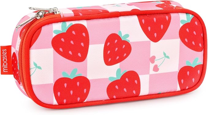 mibasies Girls Pencil Case for Kids, Multi-Slot Pencil Pouch, Strawberry Checkerboard Red