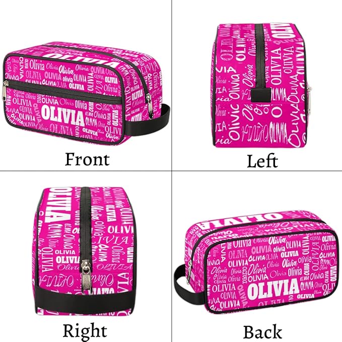 Personalized Travel Cosmetic Bag Waterproof Makeup Bags, Custom Name Rosy Pink Organizer Case Toiletries Container Bag