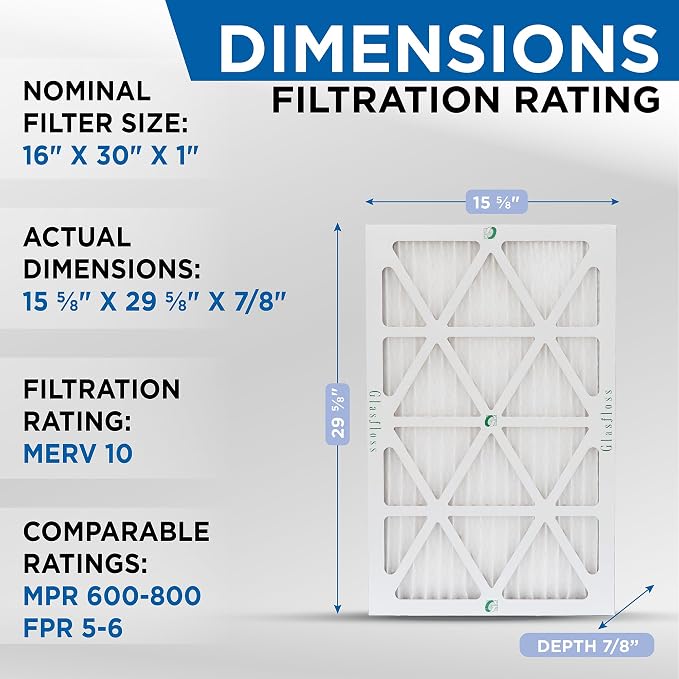Glasfloss 16x30x1 MERV 10 Pleated Air Filters Box of 6. Actual Size: 15-5/8 x - Image 2