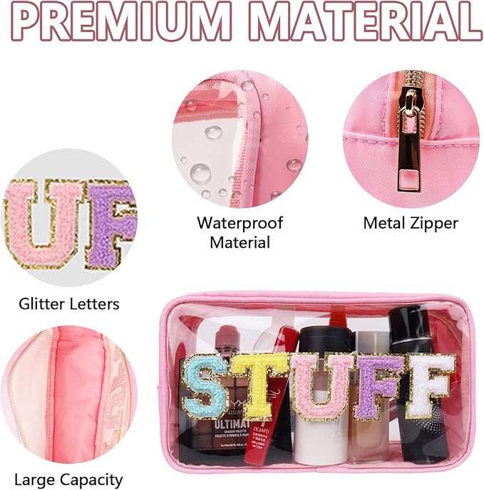 Iqimott Clear Patch Makeup Bag Stuff Pouch, Preppy Personalized Chenille Letter Cosmetic Pouch for Travel, Nylon Waterproof Monogram Pouches Zipper Toiletry Bags for Women Girls(STUFF, Pink)