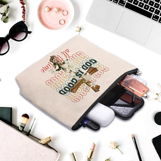 Pink Bible Makeup Bag for Women, Inspirational Christian Gifts for Women, Church Prayer Bible Supplies, Cute Aesthetic Pink God is Good Cosmetic Bag Pouch