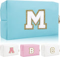 Personalized Initial Letter Patch Makeup Bag, Preppy Portable Chenille Cosmetic Bag with Zipper, PU Leather Waterproof Travel Toiletry Bag Monogram Make Up Pouch for Women Girls