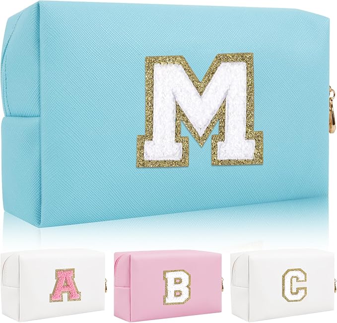 Personalized Initial Letter Patch Makeup Bag, Preppy Portable Chenille Cosmetic Bag with Zipper, PU Leather Waterproof Travel Toiletry Bag Monogram Make Up Pouch for Women Girls