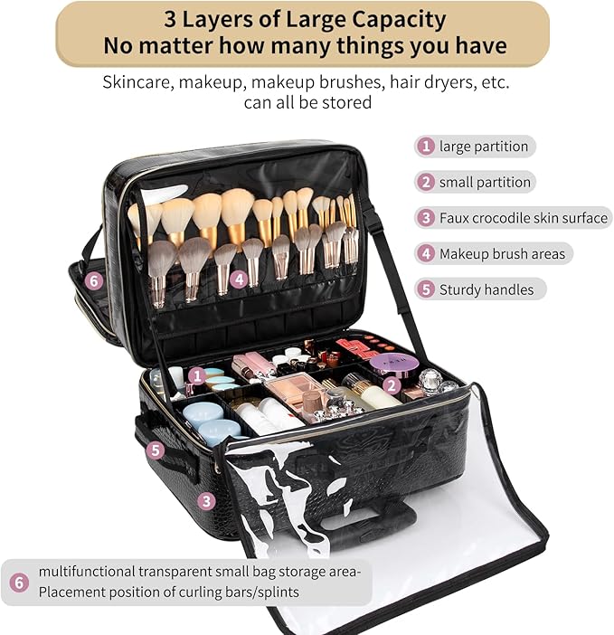 OCHEAL Rolling Makeup Train Case, 18" Carry On Travel Cosmetic Organizer Suitcase,Extra Large Trolley Makeup Storage Case On Wheels,3 Layers with 3pcs Traveling Bags for Hairstylist Cosmetology Artist