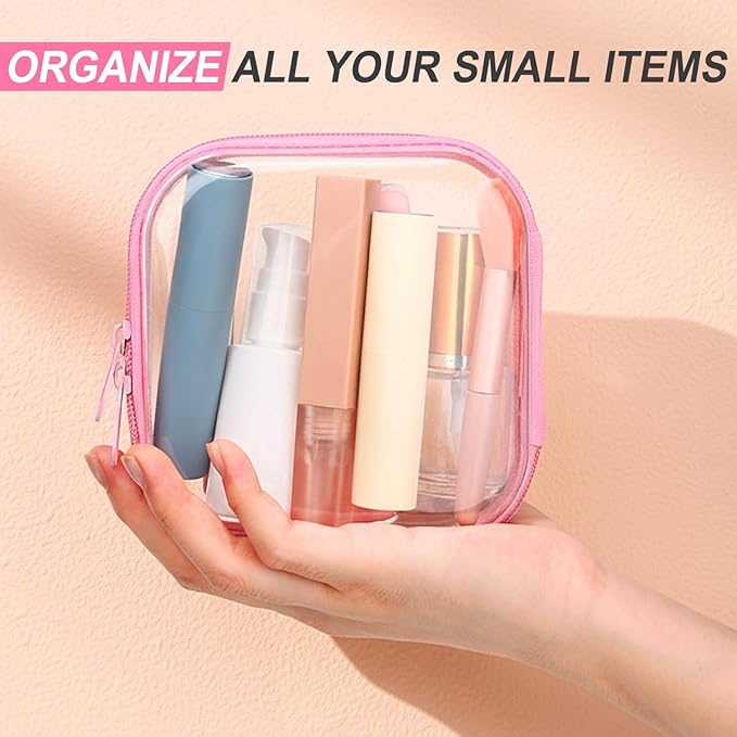 Sanwuta 6 Pcs Clear Hard Zipper Case Hard Plastic Zipper Pouches Makeup Bag Pencil Pouches Transparent Cases for Snacks Plastic Storage Organizer Box for Travel(Pink,5 x 5 x 2 Inch)