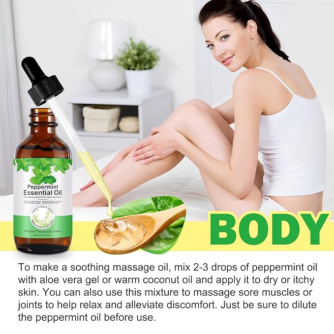 Peppermint Essential Oil 60ml, Natural Peppermint Oil for Hair Growth & Dandruff Removal - Perfect for Aromatherapy, Scalp and Body Massage, Refreshes, 2.02 fl.oz