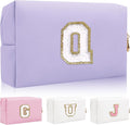 Personalized Initial Letter Patch Makeup Bag, Preppy Small Chenille Cosmetic Bag with Zipper, PU Leather Waterproof Travel Toiletry Bag Monogram Make Up Pouch for Women Girls