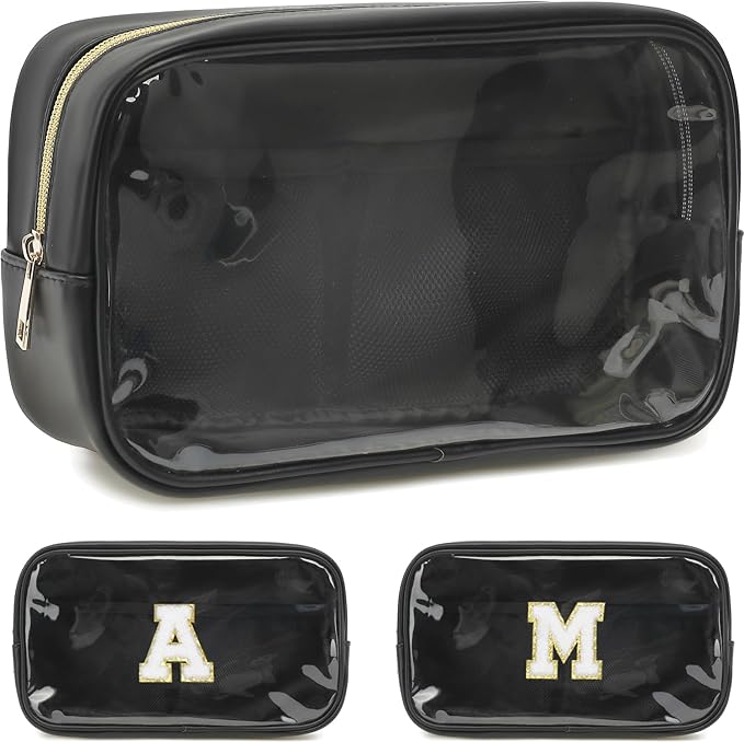Clear Makeup Bag with 2 Customizable Chenille Letters - Waterproof PU Leather Cosmetic Case, Large Personalized Toiletry Pouch for Women & Teens, Ideal for Travel & Gift