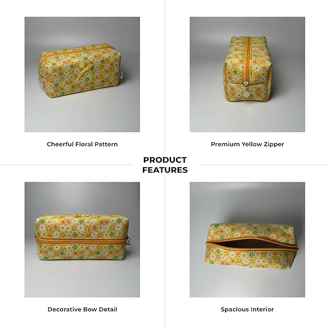 Floral Cotton Makeup Brush Cosmetic Bag for Women, Travel Quilted Zipper Pouch, Large Capacity Flowers Toiletry Organizer, Kawaii Makeup Storage Case, Cosmetic Travel Cloth Bag-Yellow Sun Flower