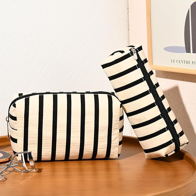SOIDRAM Makeup Bag Corduroy Cosmetic Bag White Stripe Makeup Pouch 1Pcs Large Capacity Makeup Bags and 1Pcs Makeup Brushes Storage Bag Travel Toiletry Bag Organizer
