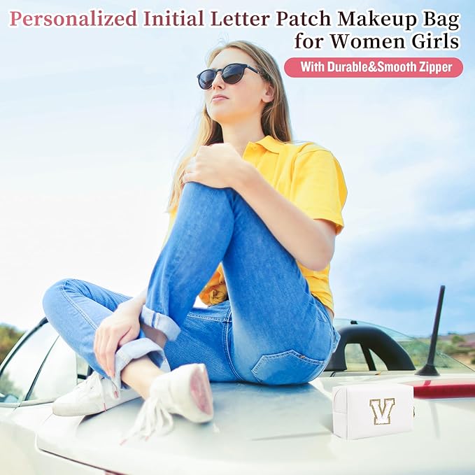Iqimott,Personalized Initial Letter Patch Makeup Bag, Preppy Portable Chenille Letter Cosmetic Bag with Zipper, PU Leather Travel Toiletry Bag Monogram Make Up Pouch for Women Girls(Letter V)