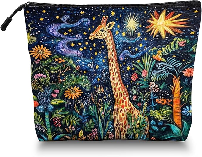 Cosmetic Bags Travel Makeup Toilet Case Waterproof Pouch for Women Girls 6.7X9.45inches - Giraffe in A Starry Jungle in A Colorful Illustration
