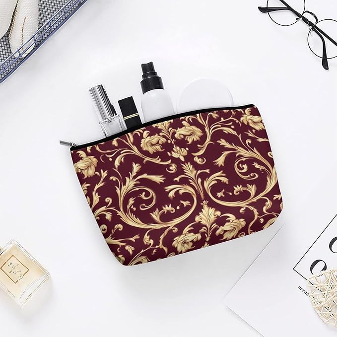 Fashion Zipper Cosmetic Case, Portable Makeup Case, Personality Toiletry Bag, Flower Maroon Gold Floral Classy Burgundy Antique Travel Cosmetic Toiletry Bag
