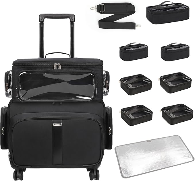 Rolling Makeup Train Case with Large Makeup Case，Professional Makeup Artist Traveling Bag with 7 Small Clear Bags, Cosmetology Case on Wheels, Adjustable Dividers for Cosmetics Makeup Brushes Toiletry