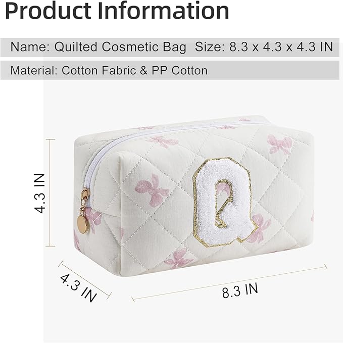 Gleyemor Personalized Initial Makeup Bag for Women, Cute Quilted Pink Floral Cotton Cosmetic Bag, Christmas Gifts for Her Mom Friend Sister Bridesmaid Teacher Women Q