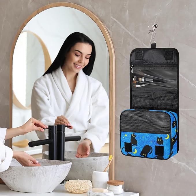 Cute Cat Travel Toiletry Bag with Hanging Hook for Women and Girls, DeepSkyBlue Cosmetic Makeup Case Organizer for Accessories, Shampoo, Full Sized Container, Toiletries