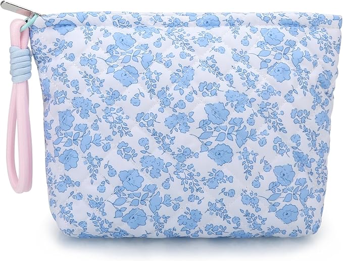 DOB SECHS Floral Makeup Bag Cute Quilted Makeup Pouch with Wristlet Kawaii Puffer Cosmetic Bag Large Capacity Cotton Makeup Bag for Women Brush Storage Pencil Case Travel Organizer Clutch, Blue White