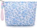 DOB SECHS Floral Makeup Bag Cute Quilted Makeup Pouch with Wristlet Kawaii Puffer Cosmetic Bag Large Capacity Cotton Makeup Bag for Women Brush Storage Pencil Case Travel Organizer Clutch, Blue White