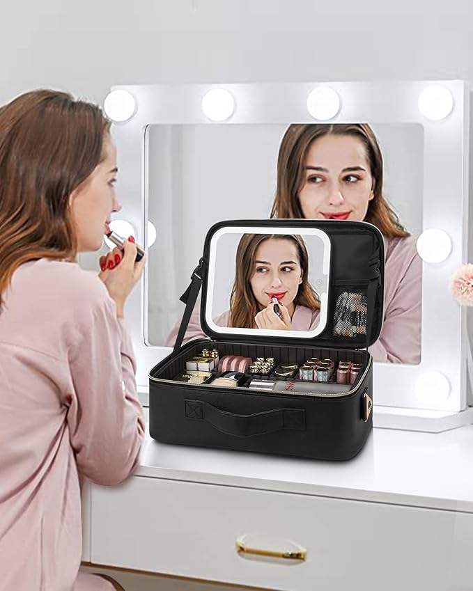 Relavel Makeup Train Case With LED Mirror, Professional Travel Cosmetic Bag with Removable Partitions, Compact Makeup Organizer with Separate Brush Board, Waterproof Travel Case for Women, Black
