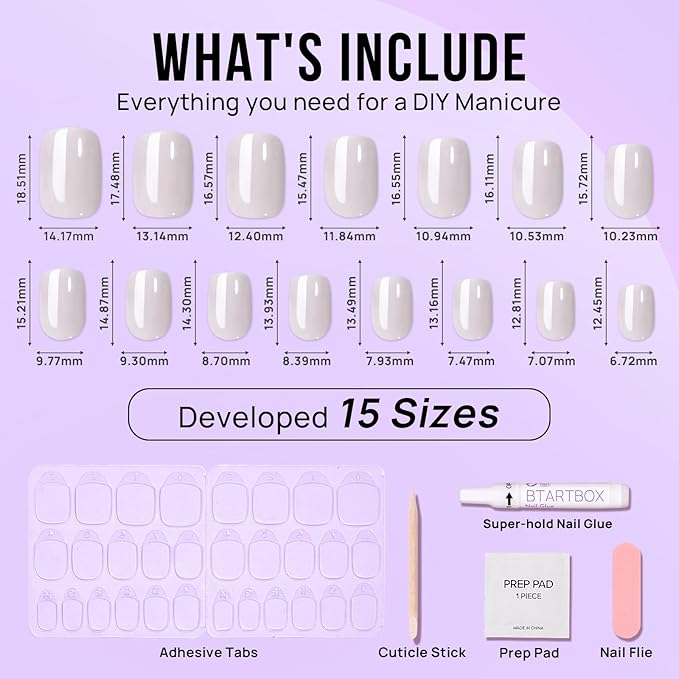 BTArtbox Press On Nails Short - White Soft Gel Press On Nail, Square Chrome Nail Tips Glue On Nails, Reusable Stick On Nails in 15 Sizes - 30 Soft Gel Fake Nails Kit, Vanilla Glazed