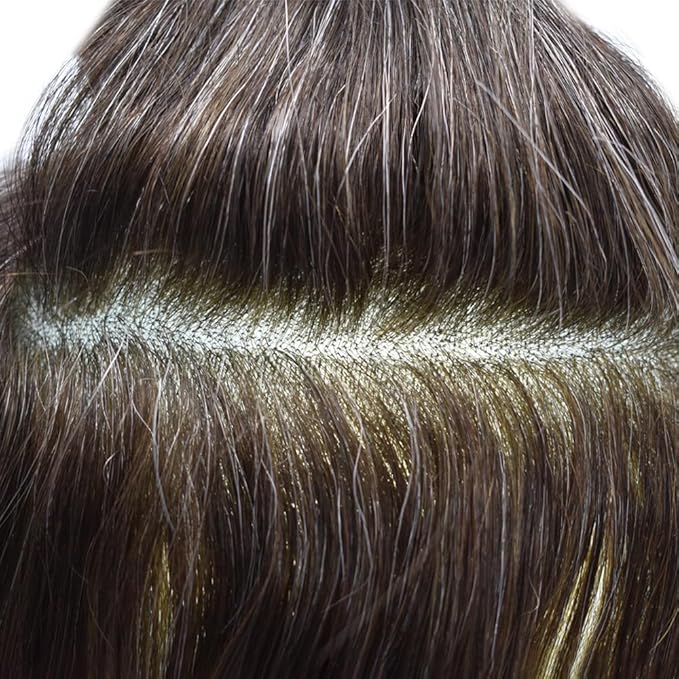 Toupee for Men French Lace Center Human Hair Replacement Systems Transparent Lace Center Hair Piece Mens Toupee Hair Units for Man V-Looped Front 8"X10" #430 4# MEDIUM BROWN WITH 30% SYNTHETIC GREY