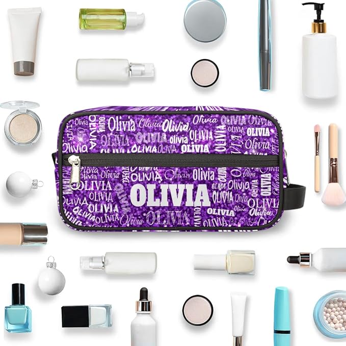 Personalized Makeup Bag with Name, Best Friends Teen Women Mom Birthday Gift Toiletry Travel Bag for Toiletries, Purple Glittering Sequins