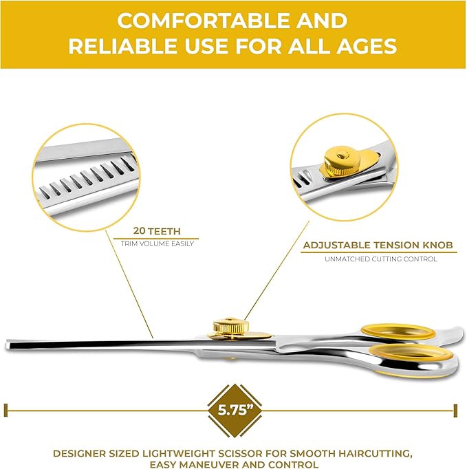 SHARF Gold Touch Barber 5.75 Inch, 20-Tooth Professional Thinning Shears 440c Japanese Stainless Steel Barber Scissors For Men and Women